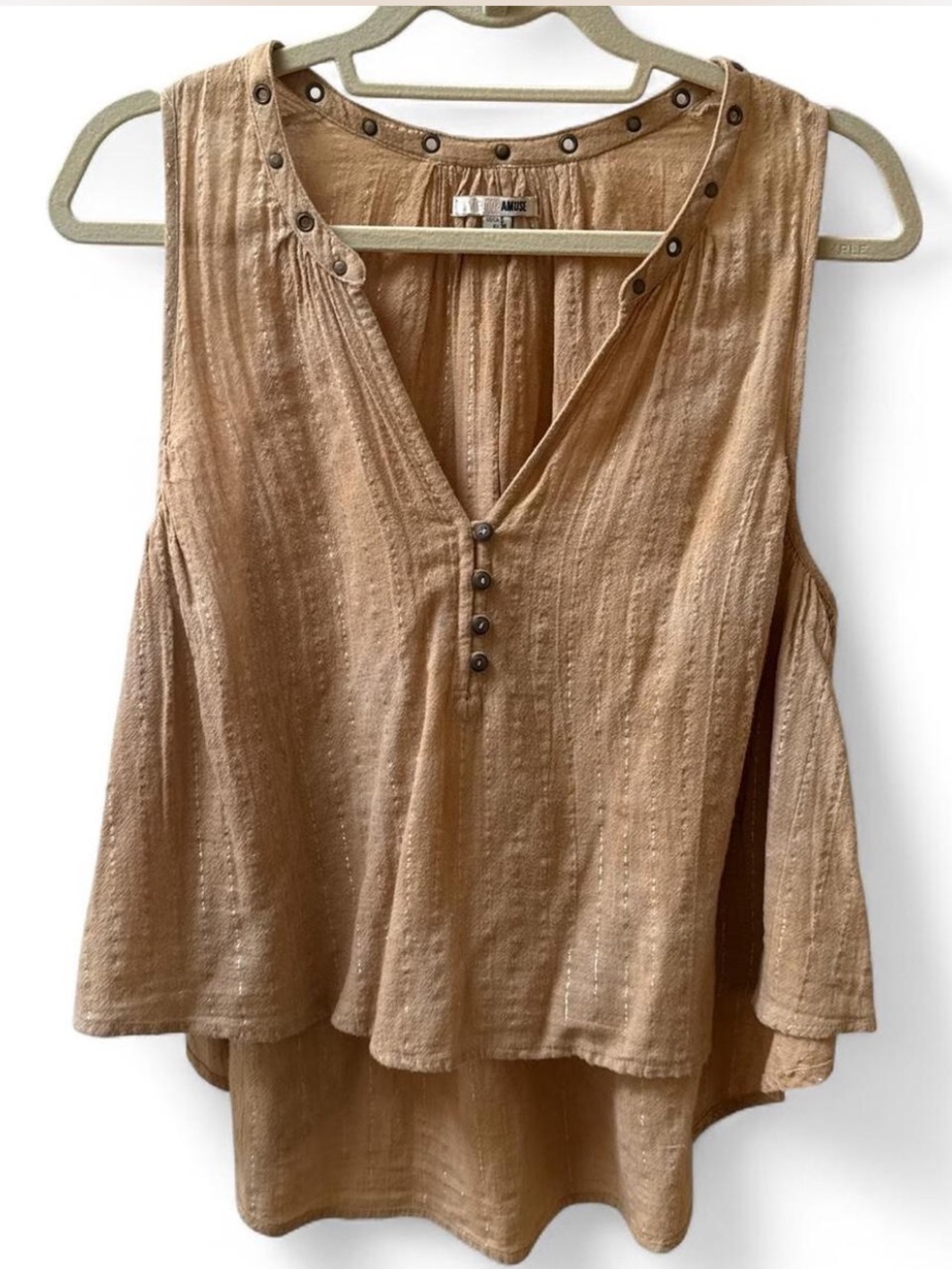Womens Sleeveless V-Neck Tank Top Shirt in Tan with Gold Shimmer Detail